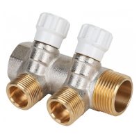 Коллектор латунный MVI 1quot;x3/4quot;x2 выхода, с регулирующими вентилями